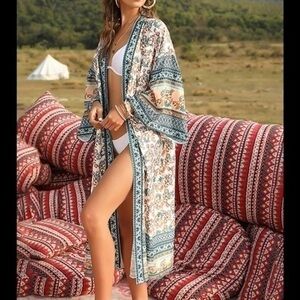 Boho Floral Tribal Print Long Kimono Robe Duster & Self Tie NEW